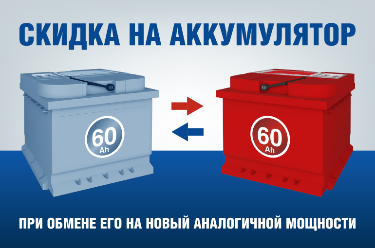 Скидка на аккумулятор при обмене его на новый аналогичной мощности Скидка на аккумулятор при обмене его на новый аналогичной мощности